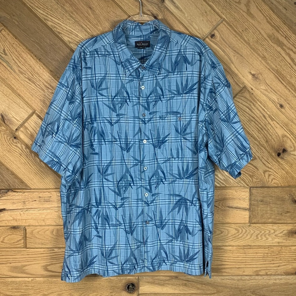 Red Macaw Mens Button Up Hawaiian Shirt Blue Plaid Leaf Short Sleeve Size XXL